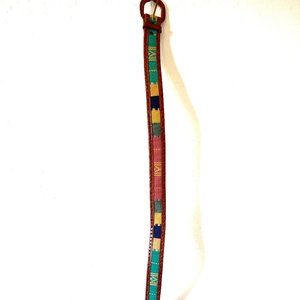 Genuine Leather Woven Cotton Vintage Peruvian Style Multicolored Belt Unisex Med